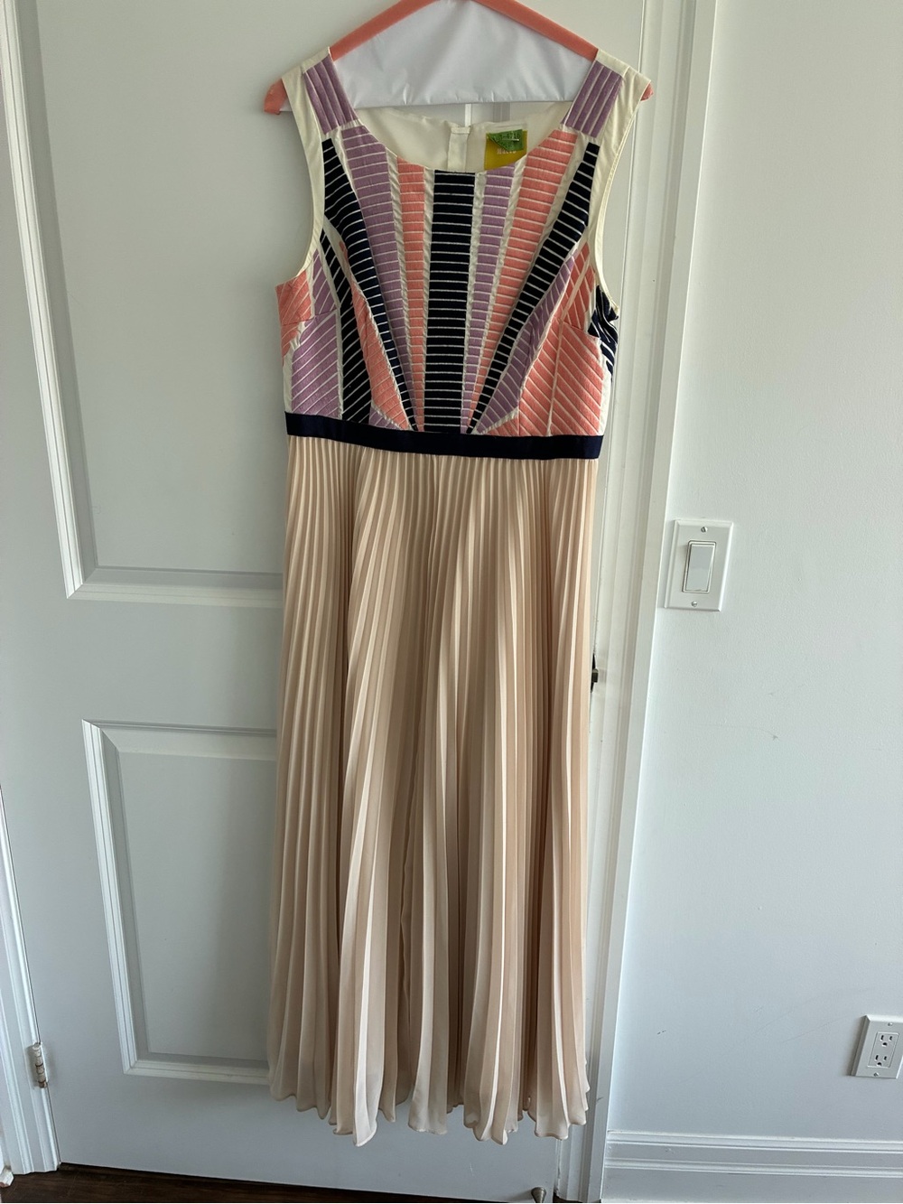 Maeve Pleated Maxi Dress with Multicolor Striped Bodice and Blush Cream Skirt